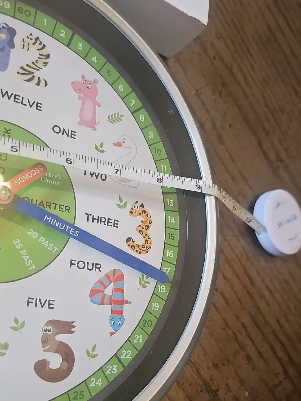 Kids Learning Wall Clock - Colorful Animal Numbers (Green, Blue, Orange)